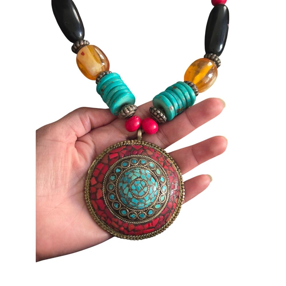 Vintage 70s Circle Brass Medallion Mosaic Turquoise Chips Chunky Beaded Necklace